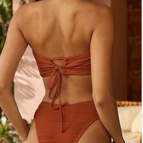 ZAFUL Bandeau Ribbed Lace Up Wave Hi Cut Bikini Size NWT - Picture 2 of 14